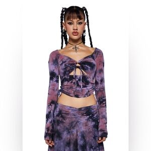 Current Mood Dolls Kill Purple Tie Die Winsome Wonders Long Sleeve Crop Top Med